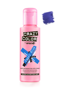Pink bottle of Crazy Color hair color cream with blue color swatch on a white background