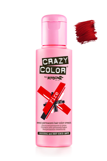 Pink bottle of Crazy Color hair color cream with a sample of red hair color on a white background