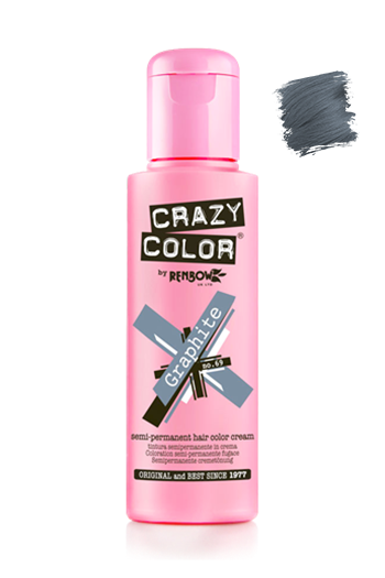 Pink bottle of Crazy Color hair color cream with gray color swatch on a white background