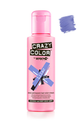 Pink bottle of Crazy Color hair color cream with a swatch of purple color on a white background