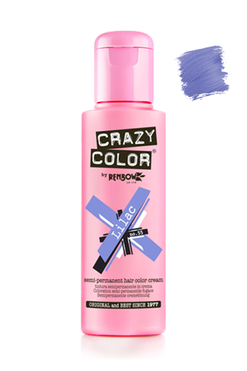 Pink bottle of Crazy Color hair color cream with a swatch of purple color on a white background