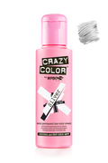 Pink bottle of Crazy Color hair color cream with gray hair sample on a white background