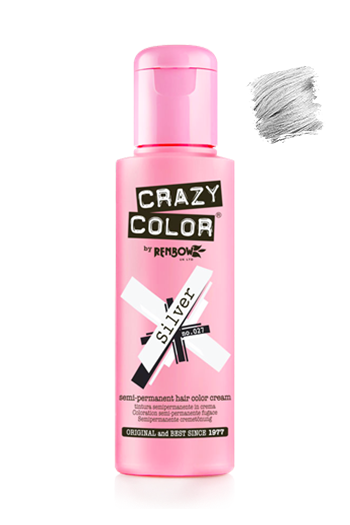 Pink bottle of Crazy Color hair color cream with gray hair sample on a white background